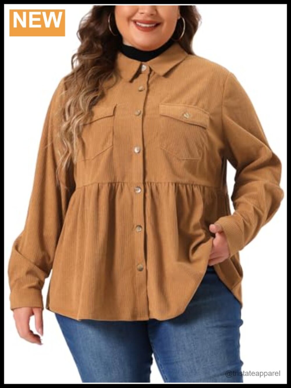 Plus Size Corduroy Peplum Blouse Long Sleeve Button Down Shirt with Pockets